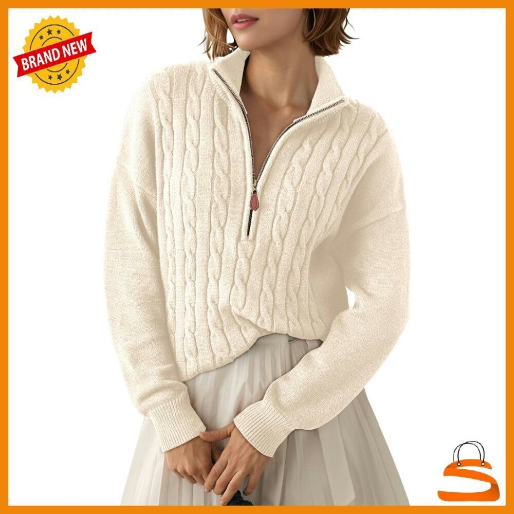 Quarter Zip Ribbed Cable Knit Pullover Sweater Women's Casual Winter